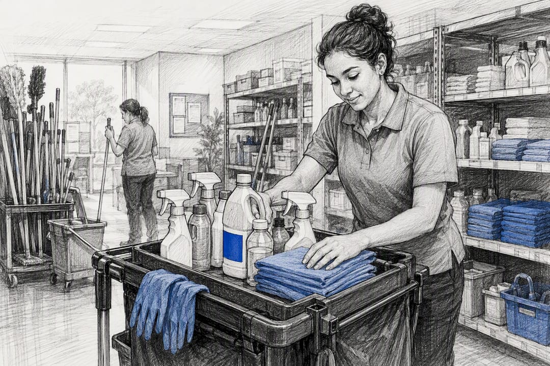 Janitorial staff setting cleaning supplies