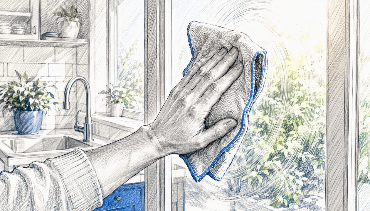 Hands wiping mirror with microfiber cloth