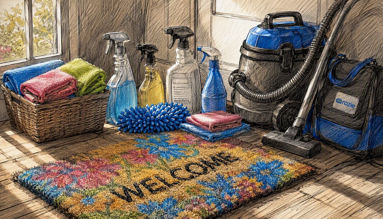 Cleaning supplies and equipment on entryway bench