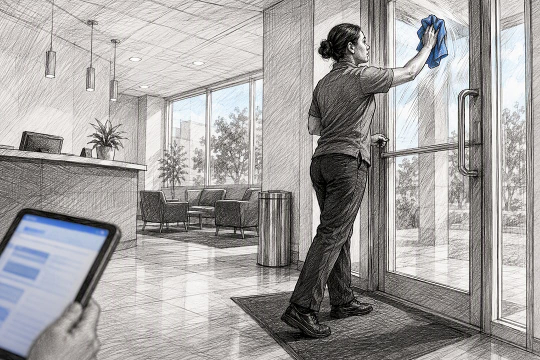 Cleaner completing an office reception cleaning pass