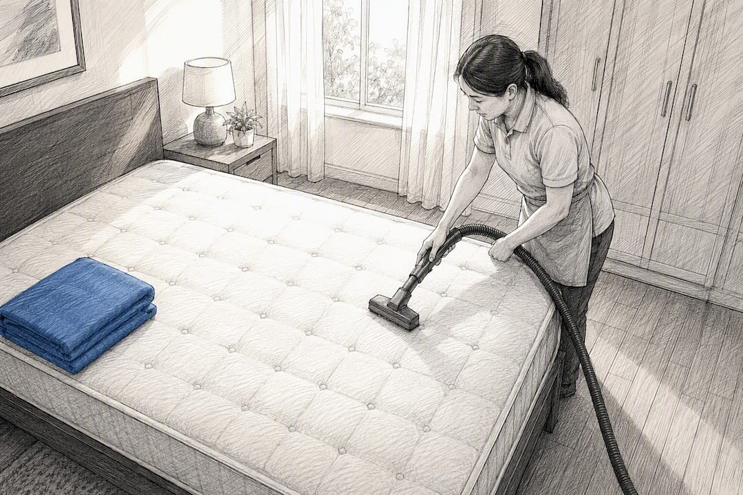 Vacuuming a bedroom mattress