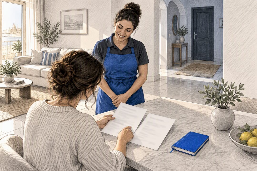 Homeowner reviewing cleaning quotes with cleaner