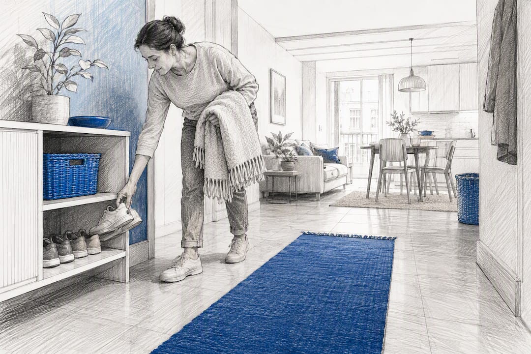 Parent organizing a tidy home entryway