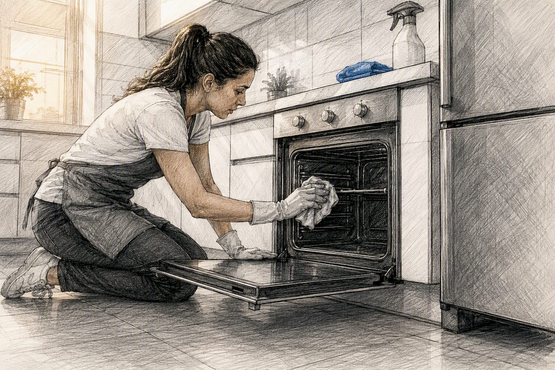 Cleaner reaching inside an oven