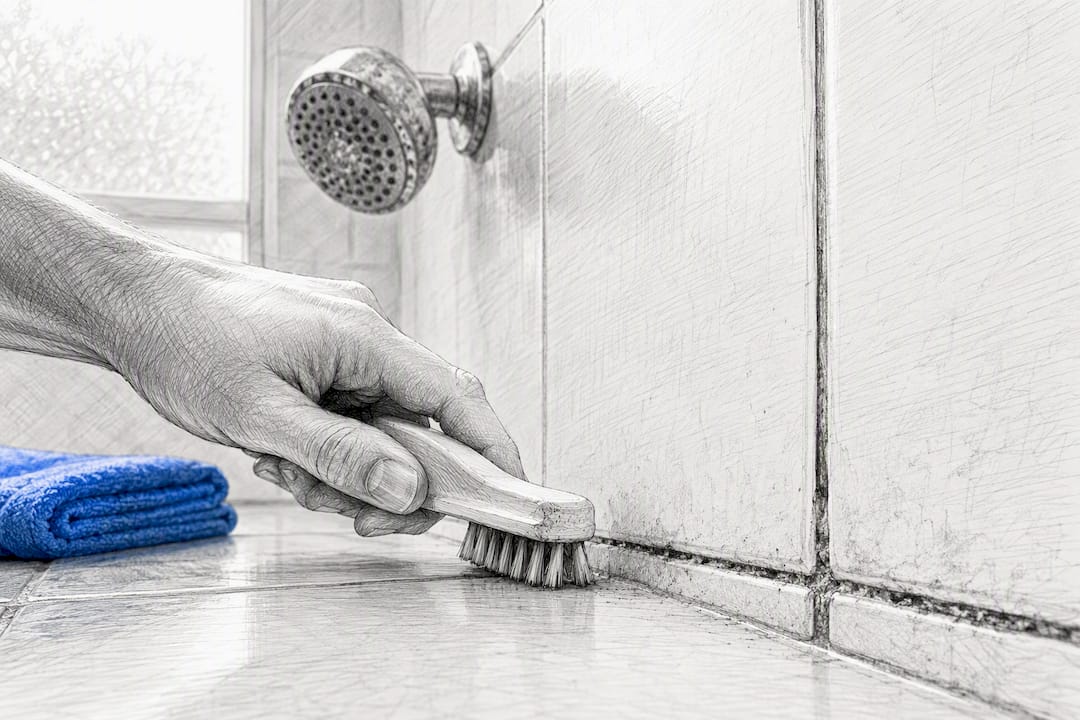 Scrubbing grout lines in bathroom tiles