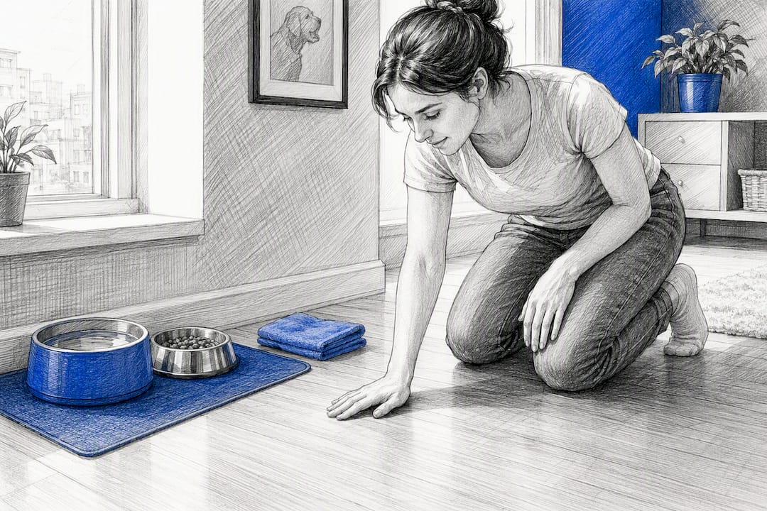 Pet owner checking floor near food bowls