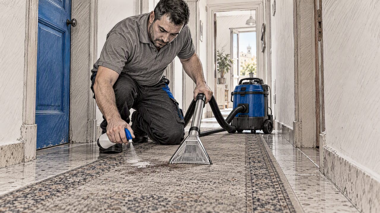 Specialist extracting a stain from a carpet