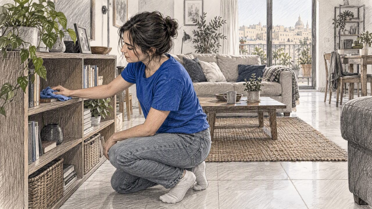 Resident dusting a bookshelf at home