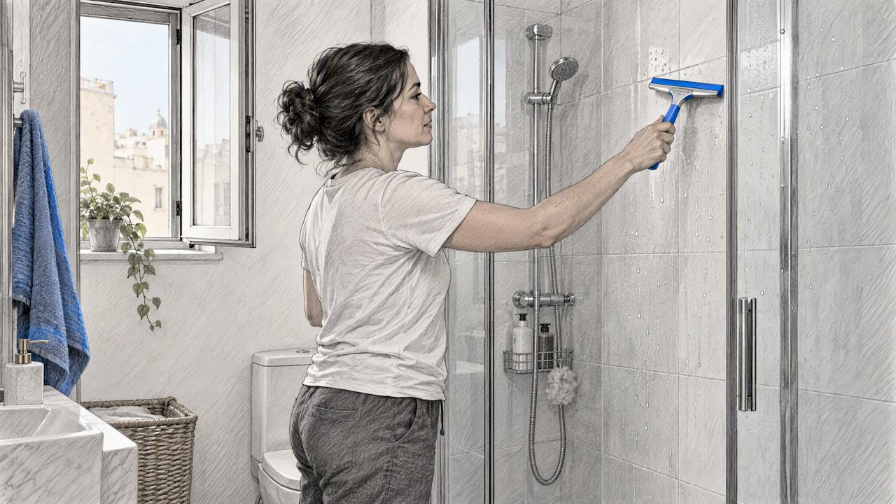 Resident squeegeeing a shower wall to stop damp and mould